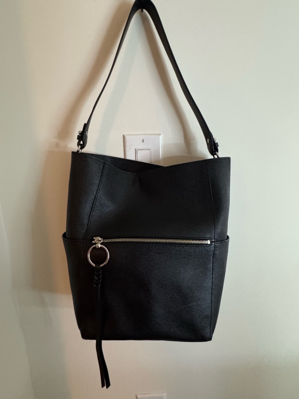 Rebecca Minkoff. Black Leather Bucket Shoulder Bag with Front Zip Pocket